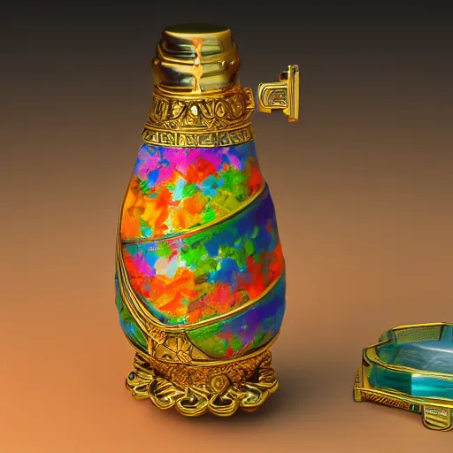 Prompt: colorful bright mana life glass, intrincate gold ornamentals, flask unreal engine hyperreallistic render 8k
