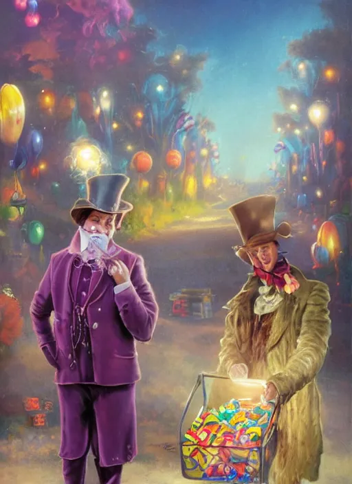 Prompt: willy wonka giving out candy from the back of his van by wlop and kev walker and delphin enjolras and daniel f. gerhartz