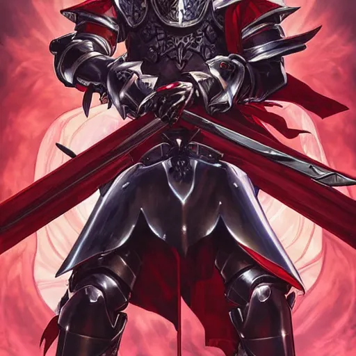 Image similar to Knight with black greatsword and black plate armour, one-eyed, emitting evil red aura, armor merging with body, full body shot, anime style, 90's modern art, art by artgerm and greg rutkowski and alphonse mucha