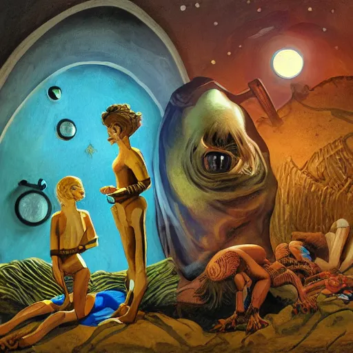 Image similar to medieval extraterrestrial villagers at bedside of severely injured unconscious short - haired blond woman, colorful, dramatic lighting, illustration, fantastic planet, ron cobb, mike mignogna, jim henson creature shop, science fiction, detailed painting, high detail, coherent, rough paper