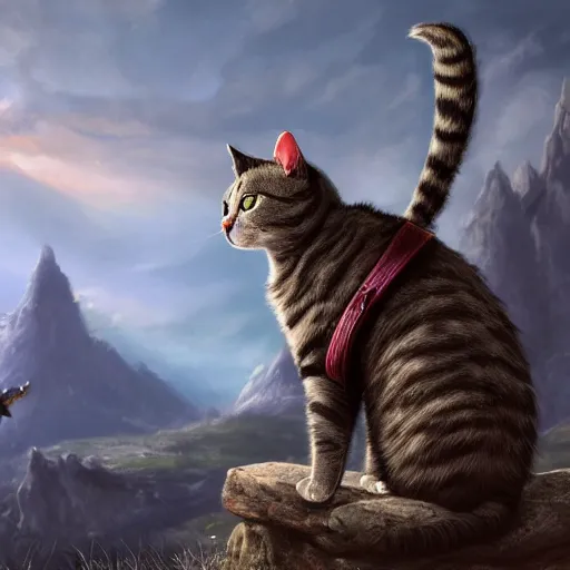 Prompt: a cat wearing a knight armor and posing infront a beautiful landscape. artstation. high details. 4 k.