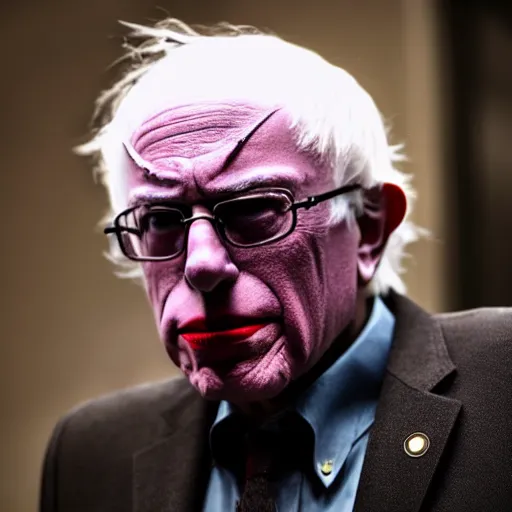 Prompt: stunning awe inspiring bernie sanders dressed as the joker movie still 8 k hdr atmospheric lighting