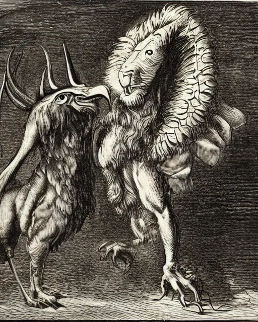 Image similar to a creature with the body and eyes of a man, with the beak of an eagle, the mane of a lion, and the horns of an ox. drawn by francis bacon