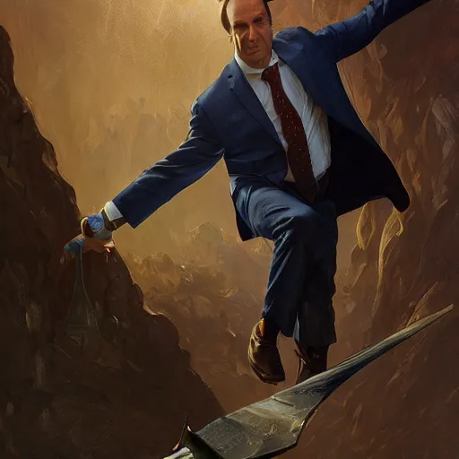 Image similar to saul goodman, fantasy character portrait, dynamic pose, above view, sunny day, very coherent asymmetrical artwork, sharp edges, perfect face, simple form, 100mm by Stanley Artgerm Lau, greg rutkowski, thomas kindkade, alphonse mucha, loish