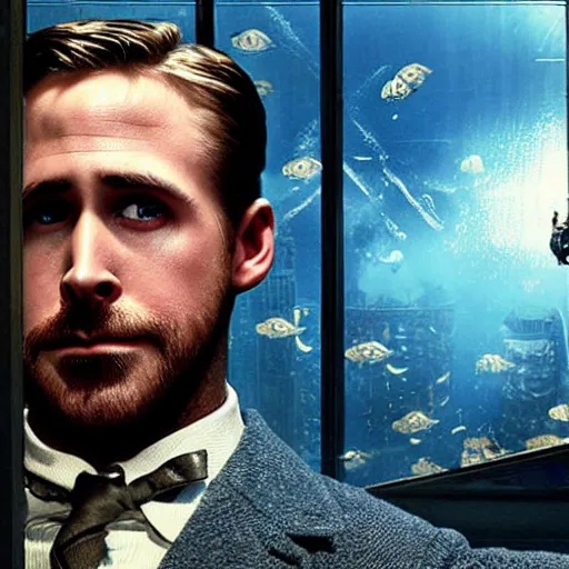 Image similar to a highly detailed cinematic photo from a live - action bioshock movie. andrew ryan, portrayed by ryan gosling, is shown standing in a 1 9 3 0's office with a large desk in front of a floor - to - ceiling window looking out onto the underwater city of rapture shining in the distance, several fish are shown outside of the window