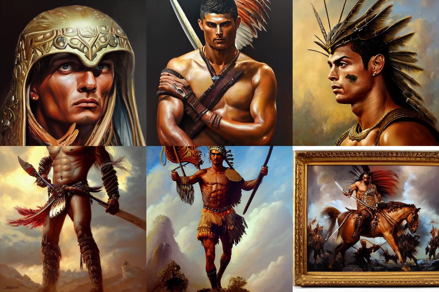 Prompt: Beautiful oil painting depicting Cristiano Ronaldo Indian warrior Lucas Graziano, Frank Frazetta, Greg Rutkovsky, Boris Vallejo, epic fantasy portrayal of characters, exquisite details, post-processing, low angle, masterpiece, cinematic