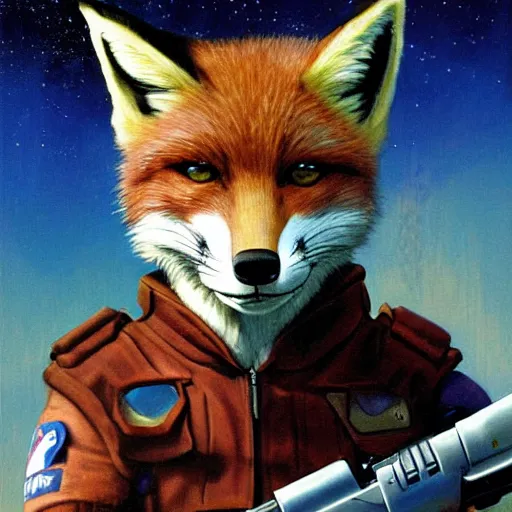 Image similar to a portrait of fox mccloud holding a blaster, suspenseful, heroic, anthropomorphic furry art, star fox, by jim burns, vincent di fate, and peter elson