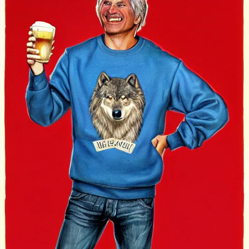 Image similar to Wolf as a human, wearing sweatshirt, holding beer, artwork by Earl Norem,