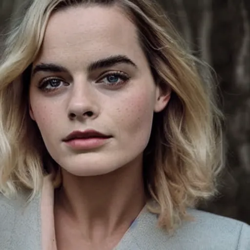 Image similar to a woman who is a genetic combination of margot robbie and emma watson face and upper - body focus