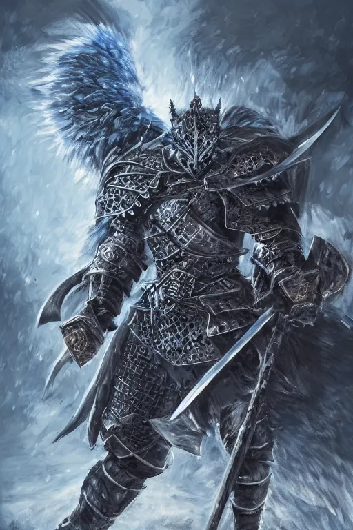 Image similar to a full body shot of an azure knight warrior by Kentaro Miura, Wolf themed armour, colored by Ronda Pattison, heavy armor, kingdom under fire in the background, dark colors, highly detailed, trending on artstation, CGsociety, exquisite detail, post-processing, masterpiece, volumetric lighting, cinematic, hypermaximalistic, high details, cinematic, 8k resolution, beautiful detailed, insanely intricate details