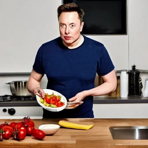 Image similar to picture of elon musk with blue eyes watching tv while cooking a meal, good lighted photo, sharp details, detailed, hd, hdr