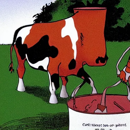 Image similar to a cow points at a bucket, illustrated by gary larson