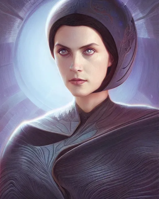 Image similar to portrait of saint alia atreides of the knife, her eyes are dark blue, blue eyes of the ibad, dune, science fiction, frank herbert, intricate, elegant, highly detailed, digital painting, artstation, concept art, sharp focus, illustration, art by artgerm and greg rutkowski and alphonse mucha