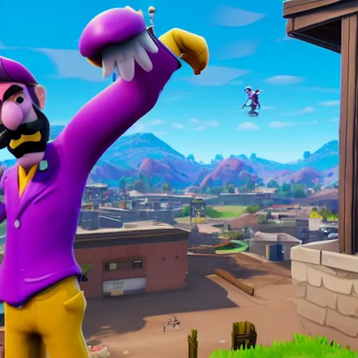 Prompt: in-game screenshot of waluigi in fortnite with walter white