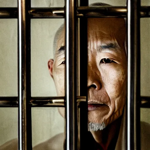 Image similar to a portrait of very very very old justin sun in futuristic prison looking through the bars of his cell, by annie leibovitz, shallow depth of field, cinematic lighting