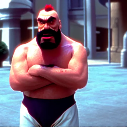 Prompt: mr. bean as zangief from the streetfighter movie. movie still. cinematic lighting.