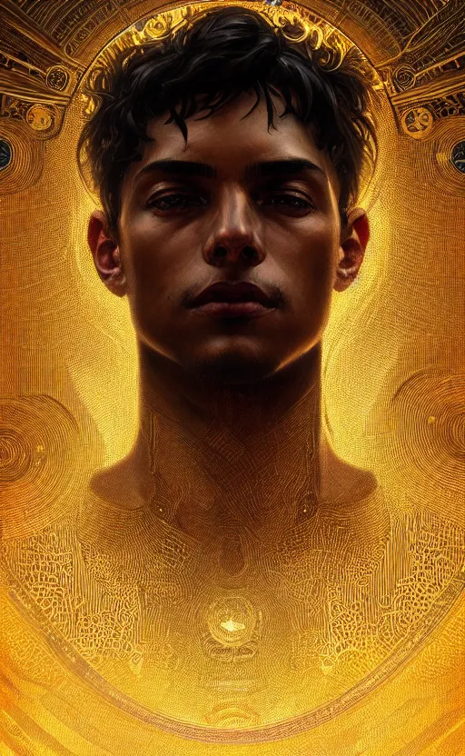 Prompt: portrait of a young handsome dark god, gold wires, three quarter view, intricate, headshot, highly detailed, digital painting, artstation, concept art, sharp focus, cinematic lighting, illustration, art by artgerm and greg rutkowski, alphonse mucha, cgsociety