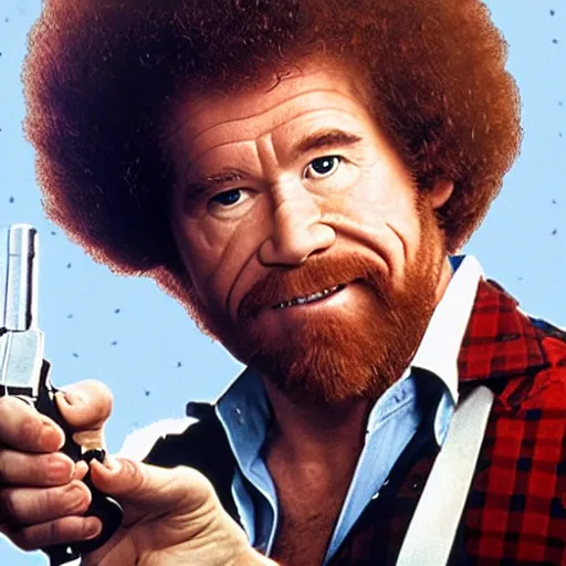 Prompt: Bob Ross holding a pistol pointed at you