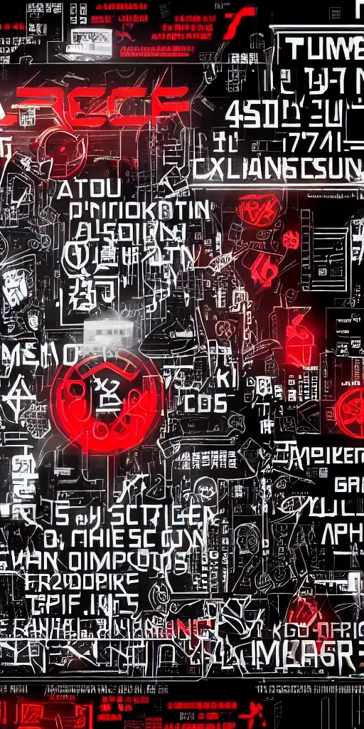 Image similar to a photo of a banner with symbols, cyberpunk logos of megacorporations, kanji and symbols, black white red, sci fi font, graphic design, 8 k, innate studio