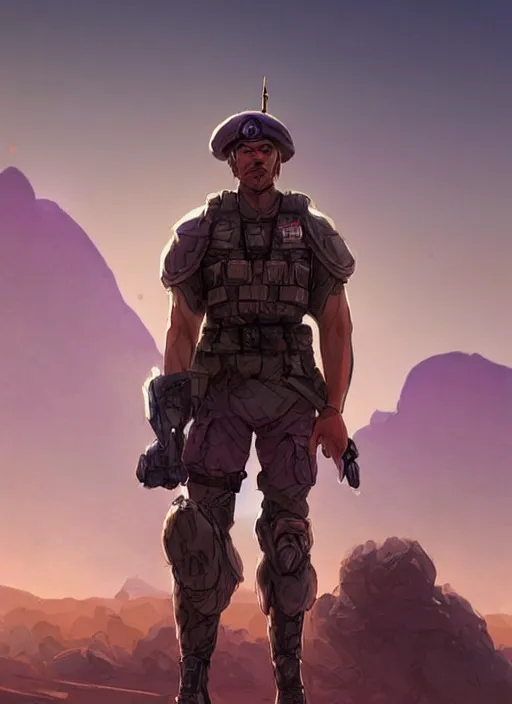 Image similar to purple lighting, detailed character concept illustration, strong muscular mature soldier in a soldier uniform, desert with city in the background, sharp focus, illustration, highly detailed, digital painting, concept art, matte, art by wlop and artgerm and greg rutkowski, masterpiece