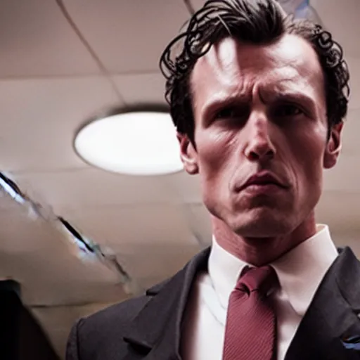 Image similar to Caesar as The American Psycho, cinematic still, sweating hard