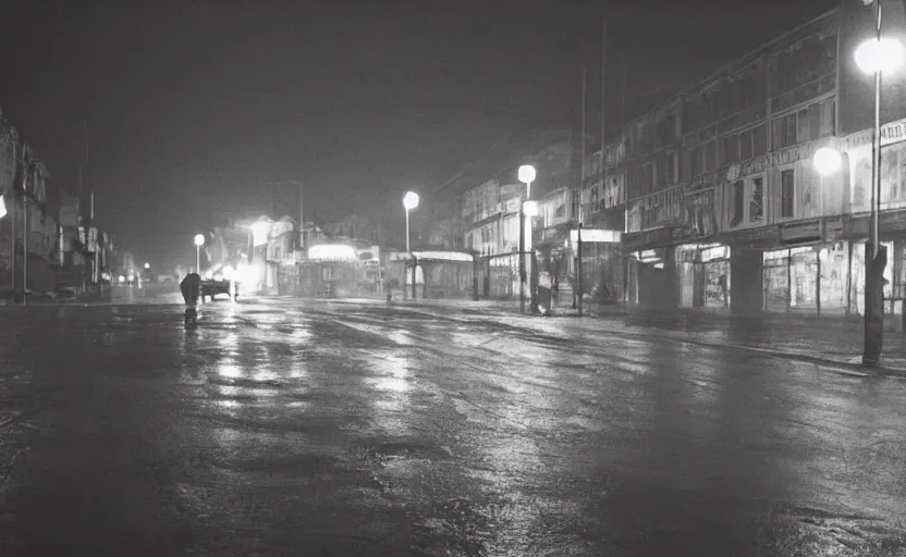 Prompt: 70s movie still of a soviet street from Sarajevo with cars and pedestrian , Cinestill 800t 18mm beuatiful black and white, heavy grainy picture, very detailed, high quality, 4k panoramic, cinematic, neon billboards and streetlight at night, rain, mud, foggy, cloudy