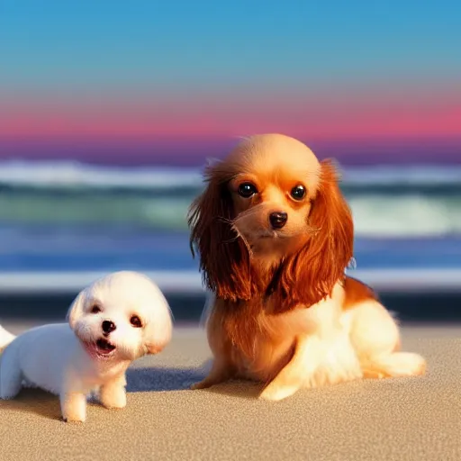 Prompt: a photorealistic closeup image of a cute brown - colored long haired chihuahua cocker spaniel dog plays with a smiling white bichon frise puppy on the beach. sunset, surf, brightly lit scene. fine detail. nice composition. 4 k hd unreal engine