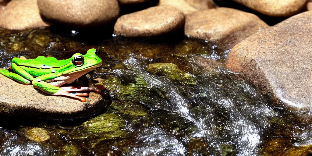 Image similar to A frog sitting on a glistening creek rock, flowing clear water creek bed, photorealistic