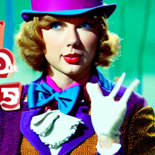 Image similar to still of taylor swift as willy wonka in willy wonka and the chocolate factory