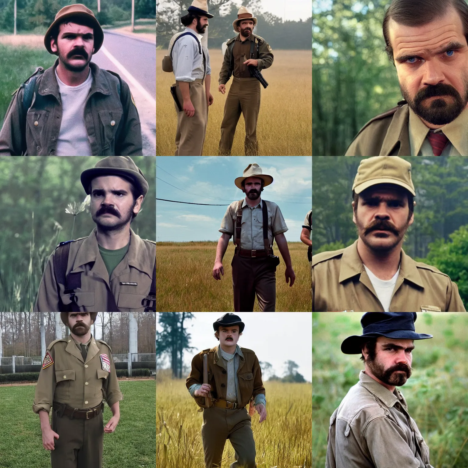 Prompt: Jim Hopper in uniform from stranger things in some tall grass hiding