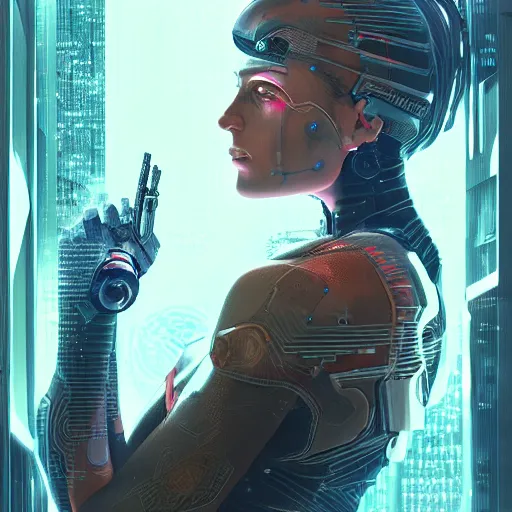 Image similar to portrait of cyberpunk woman looking out of a window, cyberpunk setting, futuristic, highly detailed, intricate lighting, digital painting, sharp focus, illustration, trending on artstation, art by magali villenueve.