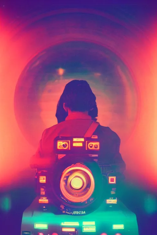 Image similar to agfa vista 4 0 0 photograph of a meso american guy on a spaceship, ancient yet futuristic, meso american aesthetic, aztec aesthetic, synth vibe, vaporwave colors, lens flare, moody lighting, moody vibe, telephoto, 9 0 s vibe, blurry background, grain, tranquil, calm, faded!,