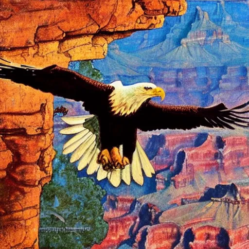 Image similar to eagle flying over the grand canyon in the style of norman rockwell