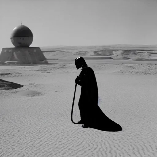 Prompt: darth vader vacuuming the sand in tatooine