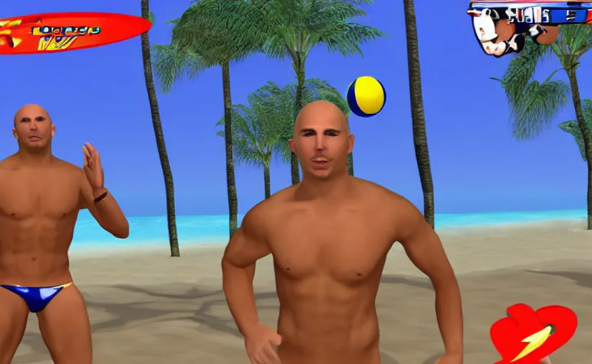 Image similar to pitbull in a speedo playing beach volleyball with a corporate mascot, ps 2 game screenshot