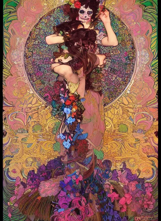 Prompt: realistic detailed psychedelic poster art of a cute Día de los Muertos girl dancing by Victor Moscoso Rick Griffin Alphonse Mucha Ayami Kojima Amano Charlie Bowater, masterpiece