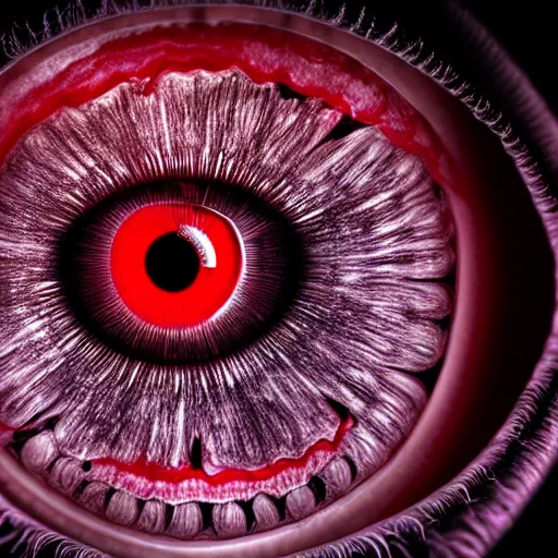 Image similar to a detailed extremely close up of inside the iris, cornea, red image, microscopic, extremely close up drawing by junji ito, cgsociety, generative art, lovecraftian, parallax, cosmic horror, extremely detailed, hyperrealism, unreal engine, octane render, award winning, masterpiece, highly detailed, realistic, 4 k, digital