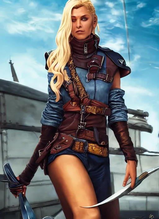 Image similar to An epic fantasy comic book style portrait painting of tall blonde haired female sky-pirate with a serious face and a pony tail in front of a metal gangplank, unreal 5, DAZ, hyperrealistic, octane render, cosplay, RPG portrait, dynamic lighting