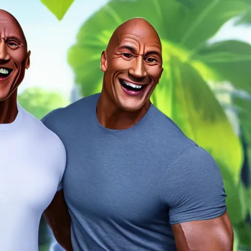 Image similar to obunga and dwayne Johnson promoting toothpaste by showing of their beautiful white teeth and holding toothpaste, hyper realistic, tv commercial