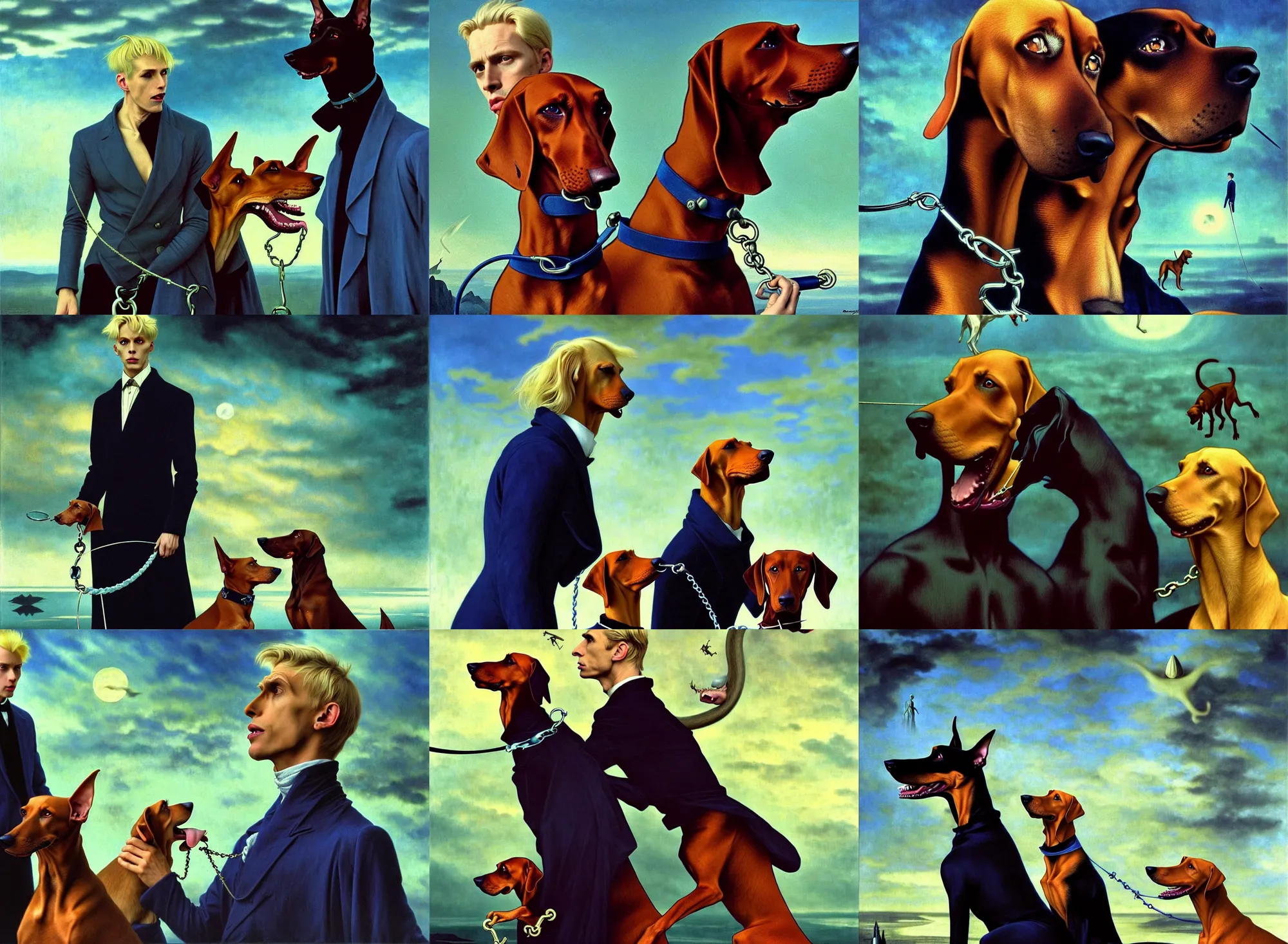 Prompt: realistic detailed portrait movie shot of an elegant blond male vampire with a doberman on a leash, sci fi landscape background by denis villeneuve, amano, yves tanguy, alphonse mucha, max ernst, caravaggio, roger dean, masterpiece, rich cold moody colours, dog teeth, blue eyes