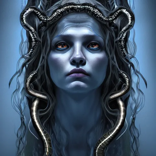 Prompt: dark portrait of medusa, realistic, blue snakes, high detail concept art, dark fantasy, backlight, atmospheric, trending on artstation
