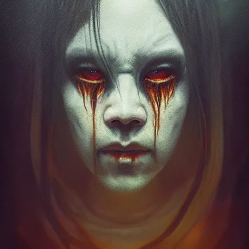 Image similar to horrifying creepy onryo portrait, atmospheric lighting, painted, menacing, haunted house theme, intricate, volumetric lighting, beautiful, rich deep colours masterpiece, golden hour, sharp focus, ultra detailed, by leesha hannigan, ross tran, thierry doizon, kai carpenter, ignacio fernandez rios