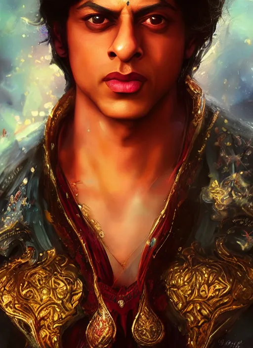 Image similar to Beautiful young shahrukh khan, portrait, fantasy, medieval, vivid colors, fantasy, elegant, concept art, sharp focus, beautiful face, digital art, Hyper-realistic, 4K, Unreal Engine, Highly Detailed, HD, Dramatic Lighting by Brom, trending on Artstation