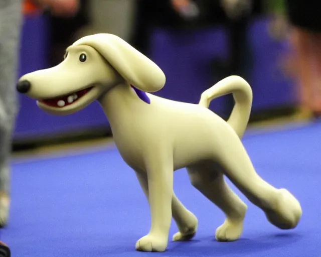 Prompt: gromit made of clay, running the agility course at the westminster kennel club dog show