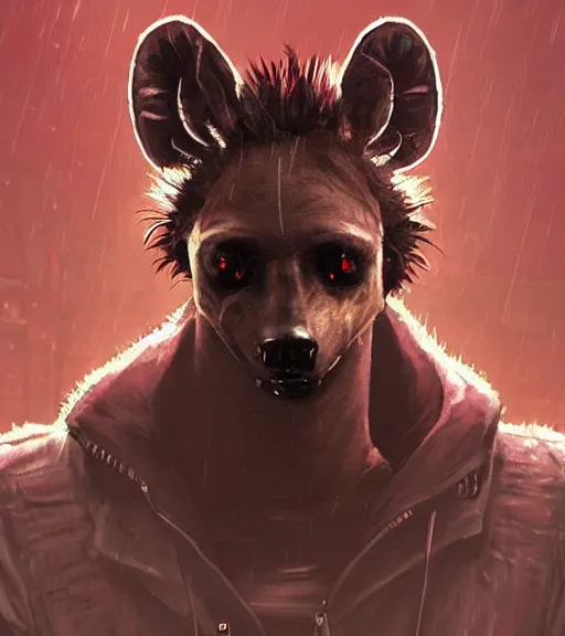 Image similar to new york city portrait icon of furry anthro anthropomorphic spotted hyena head animal person fursona wearing clothes strange cybernetic metal muzzle gloomy rainy screenshot from the video game cyberpunk 2077 digital art by Greg Rutkowski, Simon Stalenhag, christopher nolan trending on Artstation, CGSociety