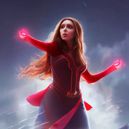 Prompt: elizabeth olsen as the scarlet witch afloat in the air with red eyes, red magic surrounds her, trending on artstation, 8 k quality, cgsociety contest winner, artstation hd, artstation hq, luminous lighting, beautiful cloudy atmosphere