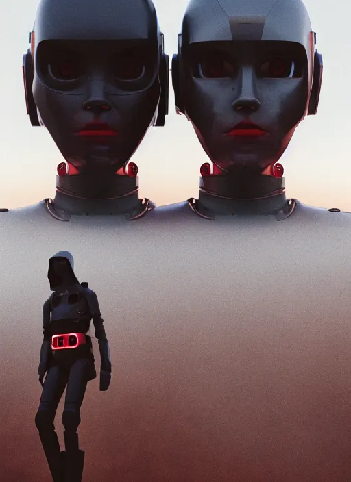 Image similar to cinestill 5 0 d photographic portrait of two loving female androids wearing rugged black techwear on a desolate plain with a brutalist monument and a red sky, extreme closeup, cyberpunk style, dust storm, 8 k, hd, high resolution, 3 5 mm, f / 3 2, ultra realistic faces, ex machina
