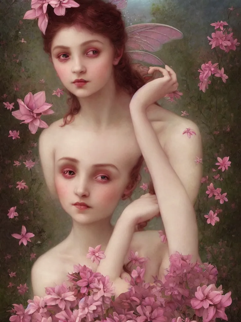 Image similar to one pink fairy with large wings exploring her lonely flower garden by herself in the style of tom bagshaw, william bouguereau, extremely detailed, muted colors, symmetrical face, large eyes, beautiful face