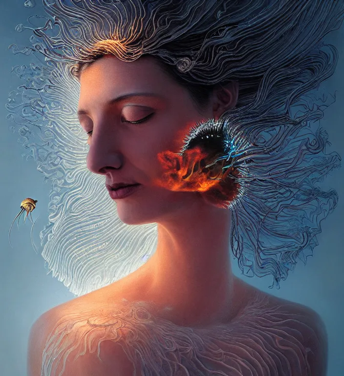 Prompt: portrait of a goddess of death with (reaction diffusion) scaled fish skin Bioluminescent phoenix jellyfish, burning phoenix halo, Her breath shot a haze of steam out into the frosty morning air concept, soft light, soft mood, realistic body features and face, illustration,intricate ornament halo, painting oil on canvas by Elena Zhurikhina and Goro Fujita and Charlie Bowater, octane render trending on artstation, 4k, 8k, HD