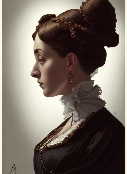 Image similar to 3 / 4 view of a portrait of woman in victorian clothing, confident pose, intricate, elegant, sharp focus, illustration, highly detailed, concept art, matte, trending on artstation, anime, art by james jean and artgerm and brian despain and alberto mielgo, ilya kuvshinov, dramatic lighting, gothic, haunted, art nouveau